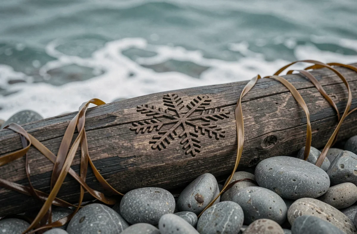 Symbole Vegvísir sculpté dans du bois flotté posé sur des galets d'un rivage nordique