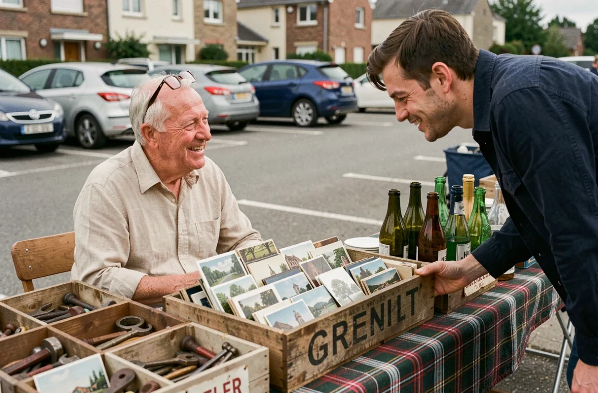 Vendeur senior en discussion avec un client devant son étal de vide grenier près d'Angers