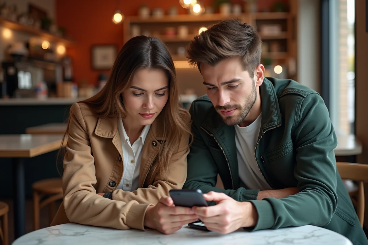 Deux personnes dans un café examinant ensemble un profil suspect sur smartphone pour distinguer un vrai membre d'un bot
