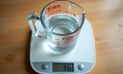 Verre mesureur rempli de 500 ml d'eau sur balance