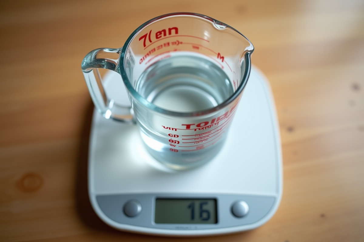 Verre mesureur rempli de 500 ml d'eau sur balance