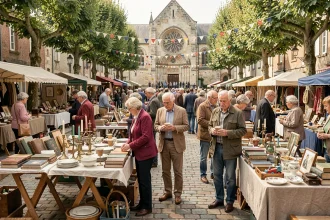 Vide grenier animé sur une place de village du Maine-et-Loire près d'Angers avec étals de brocante et visiteurs