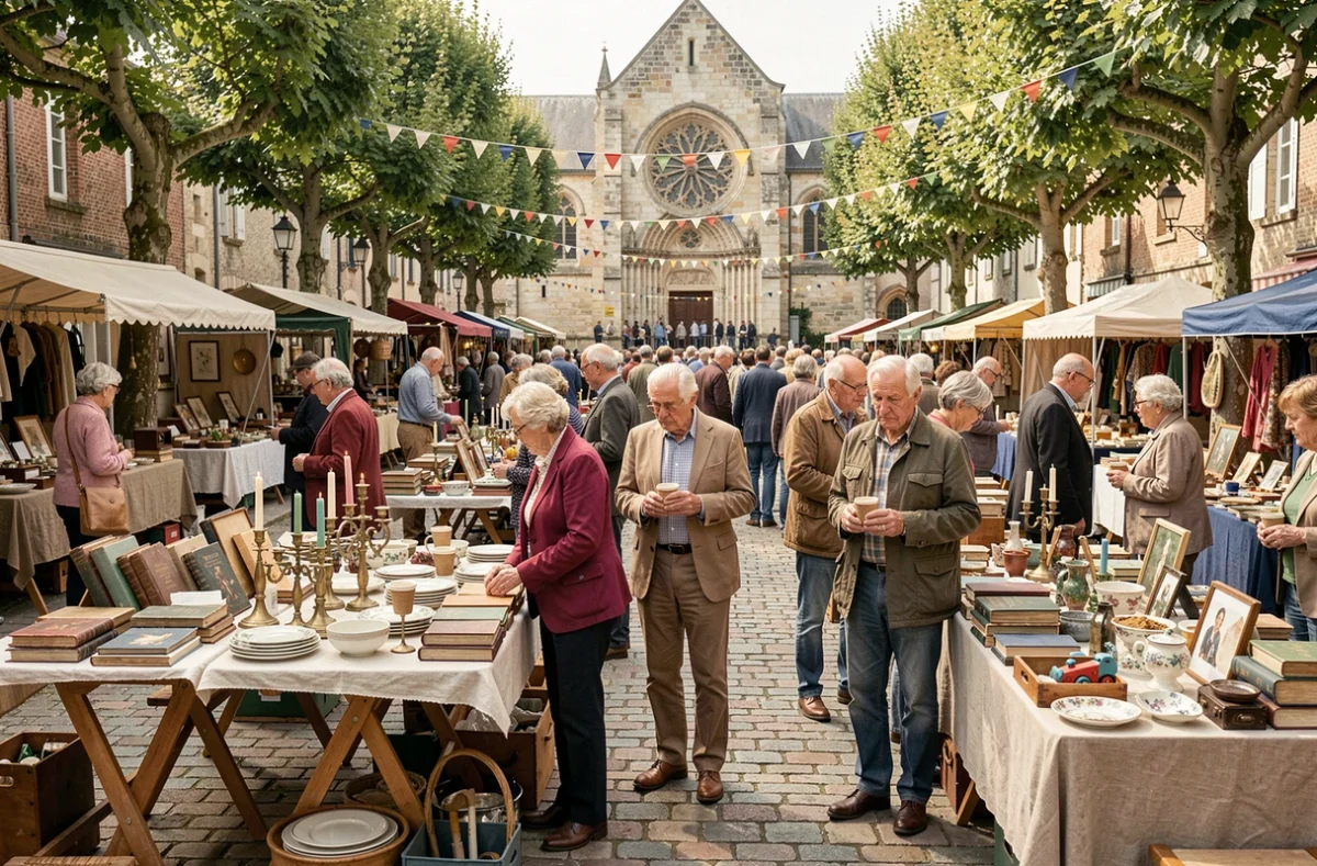 Vide grenier animé sur une place de village du Maine-et-Loire près d'Angers avec étals de brocante et visiteurs