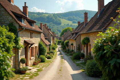 Village provençal ensoleille avec maisons en pierre et collines vertes
