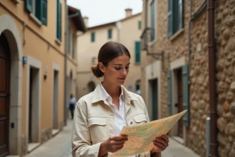 Femme consultant une carte devant l'entrée d'un village historique pour organiser sa visite de Bésigny