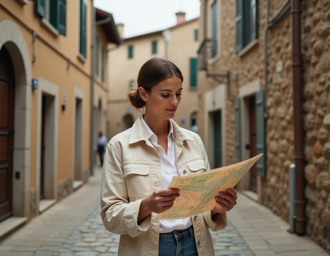 Femme consultant une carte devant l'entrée d'un village historique pour organiser sa visite de Bésigny