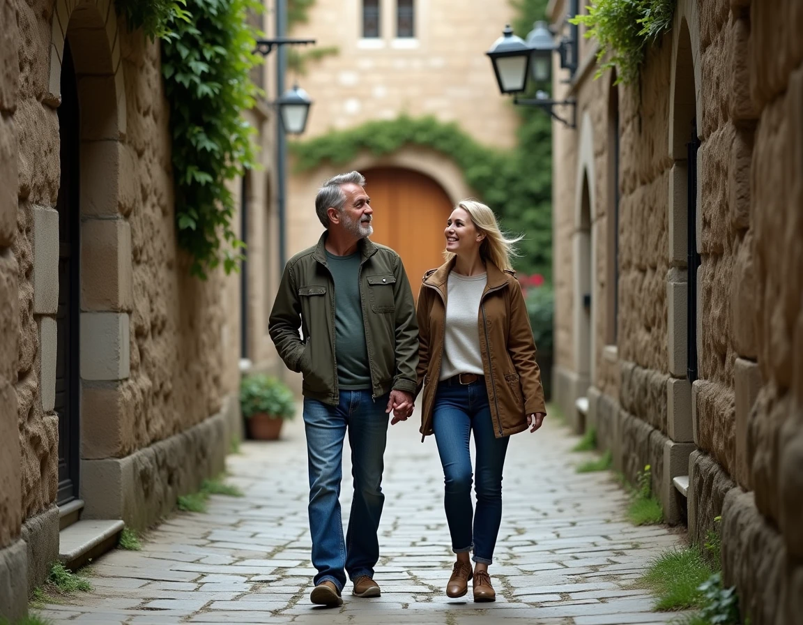 Couple explorant une ruelle médiévale en pierre lors d'une visite guidée de Bésigny