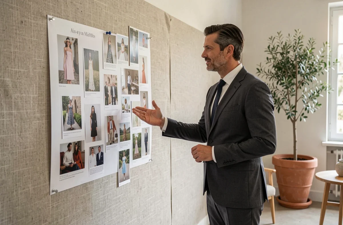 Directeur créatif de Vogue Agence présentant un moodboard événementiel dans un bureau à Aix-en-Provence