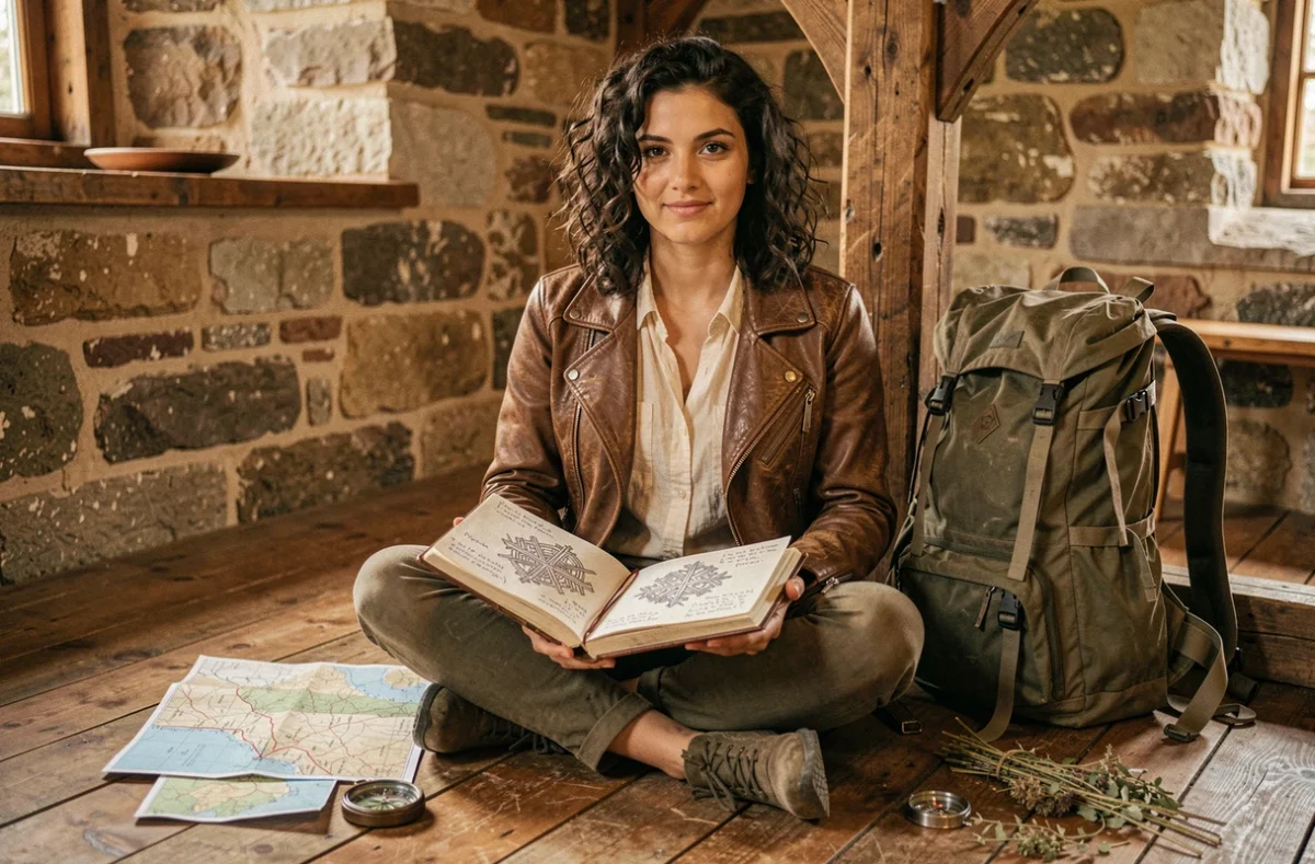 Voyageuse dessinant le symbole Vegvísir dans un carnet de route dans un auberge rustique en pierre
