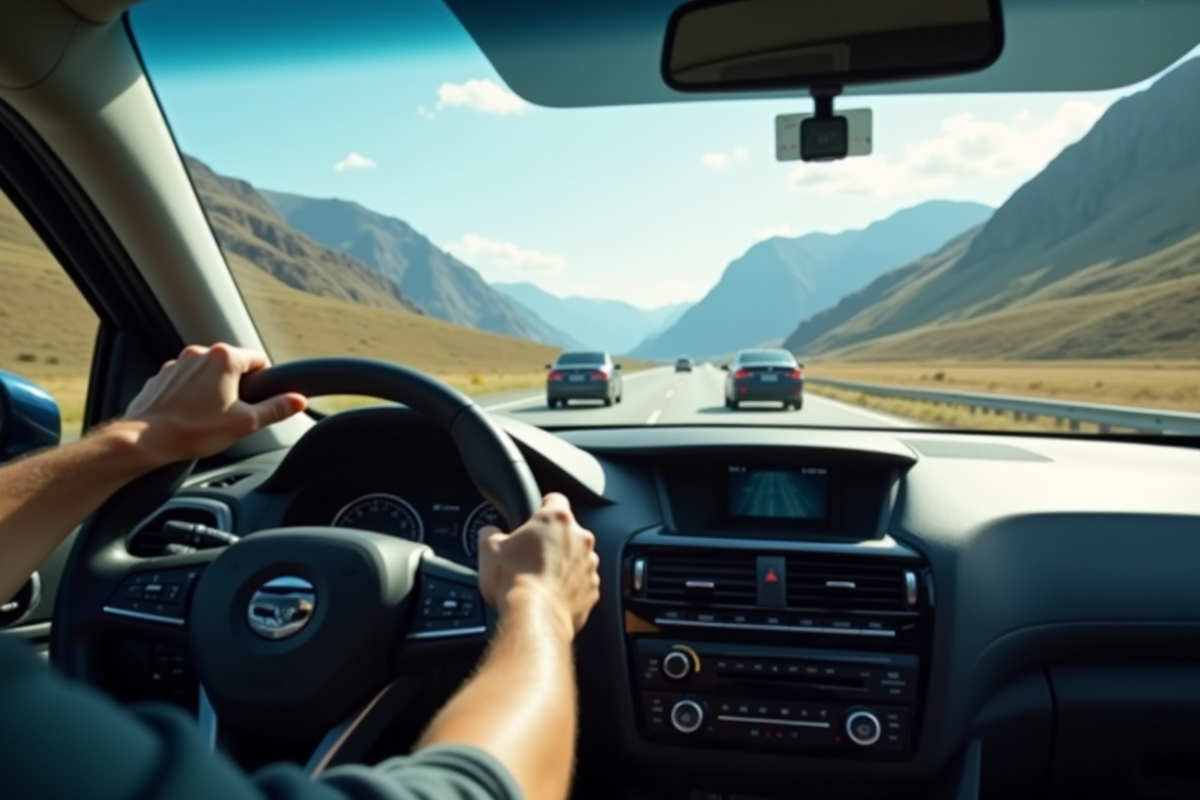 Point de vue du conducteur sur une route ensoleillee avec paysage montagneux